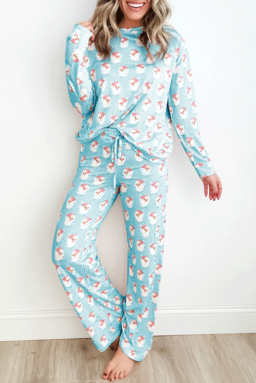 Sky Blue Santa Claus Striped Print Loose Fit Two Piece Lounge Set Sky Blue 95%Polyester+5%Elastane Loungewear & Sleepwear/Loungewear - Tophatter Daily Deals