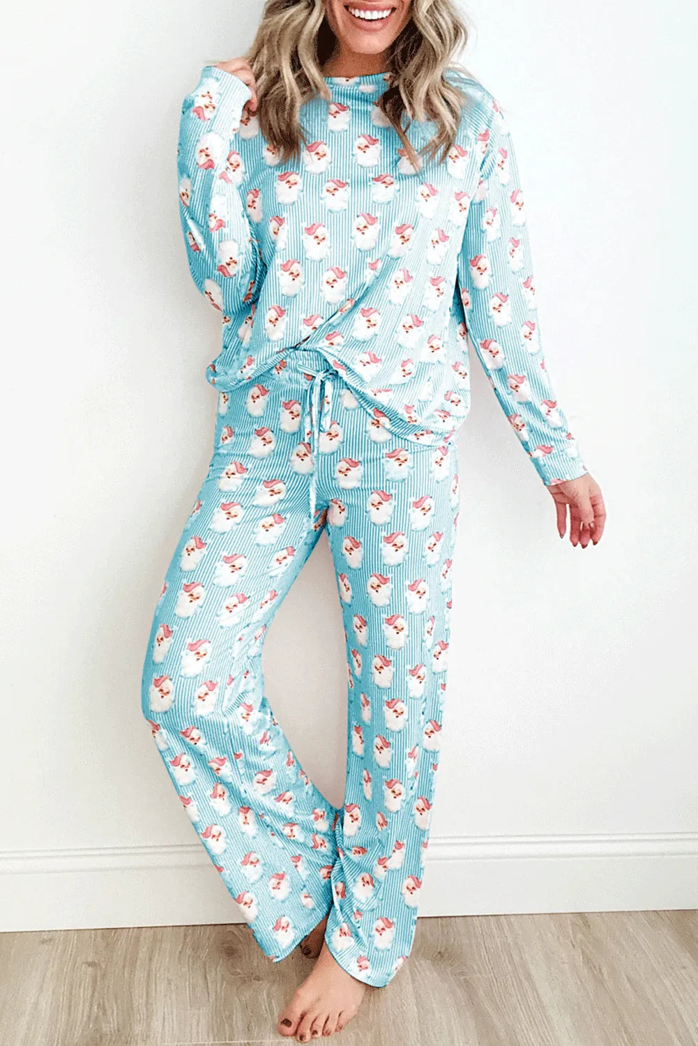 Sky Blue Santa Claus Striped Print Loose Fit Two Piece Lounge Set Sky Blue 95%Polyester+5%Elastane Loungewear & Sleepwear/Loungewear - Tophatter Daily Deals