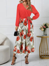 Pleated Printed Surplice Long Sleeve Dress Deep Red Casual Dresses - Tophatter Daily Deals