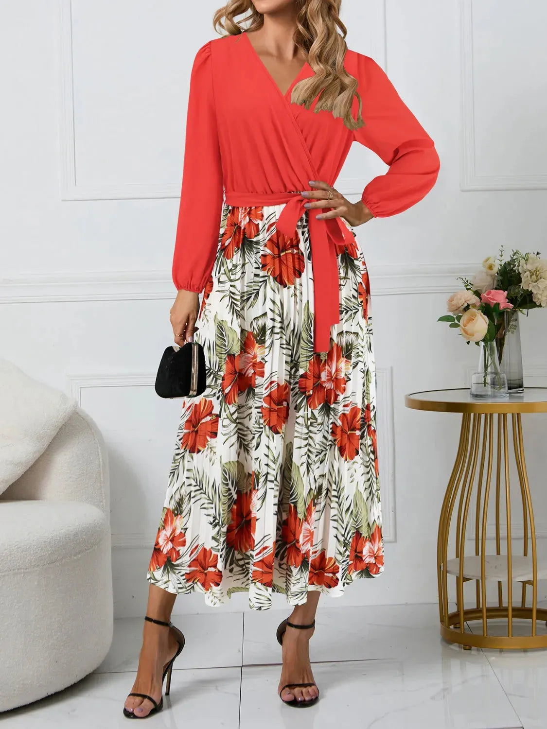 Pleated Printed Surplice Long Sleeve Dress Deep Red Casual Dresses - Tophatter Daily Deals
