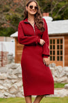 Half Zip Collared Neck Slit Midi Dress Red Casual Dresses - Tophatter Daily Deals