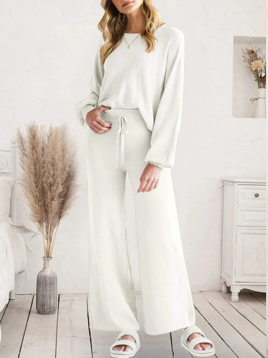 Long Sleeve Lounge Top and Drawstring Pants Set White Loungewear Sets - Tophatter Daily Deals