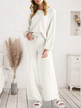 Long Sleeve Lounge Top and Drawstring Pants Set White Loungewear Sets - Tophatter Daily Deals