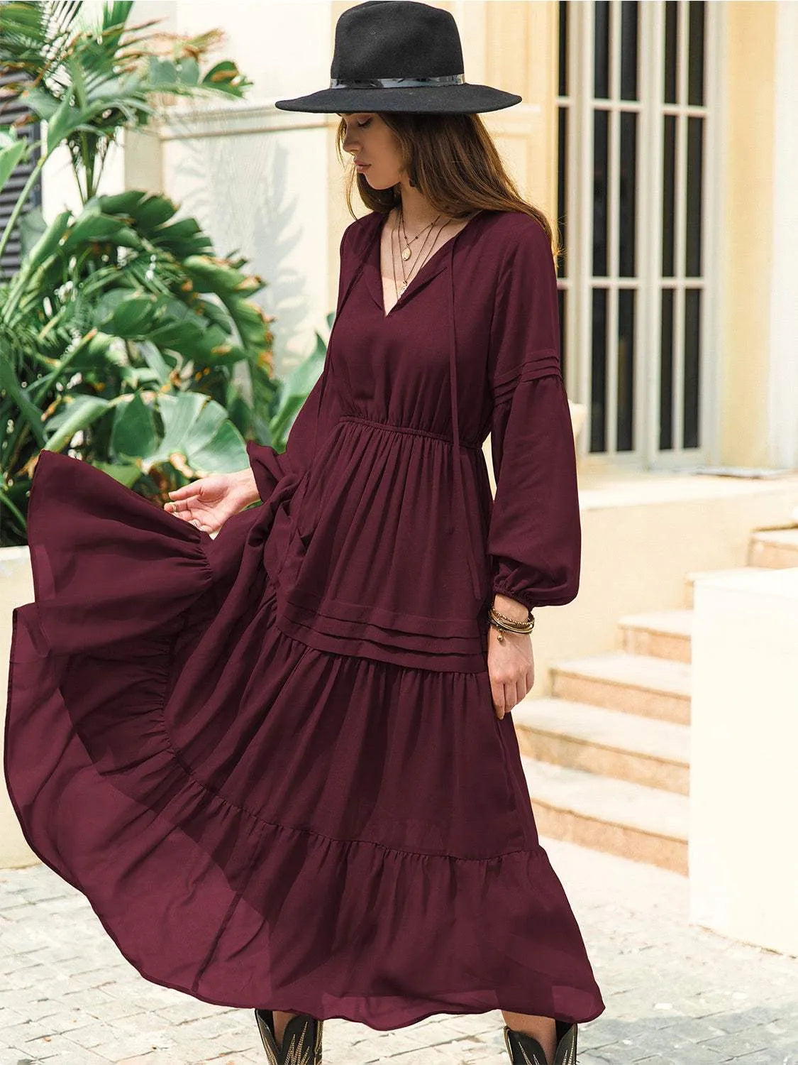 Tie Neck Long Sleeve Midi Tiered Dress Casual Dresses - Tophatter Daily Deals