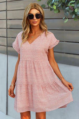 Printed V-Neck Short Sleeve Tiered Dress Casual Dresses - Tophatter Daily Deals