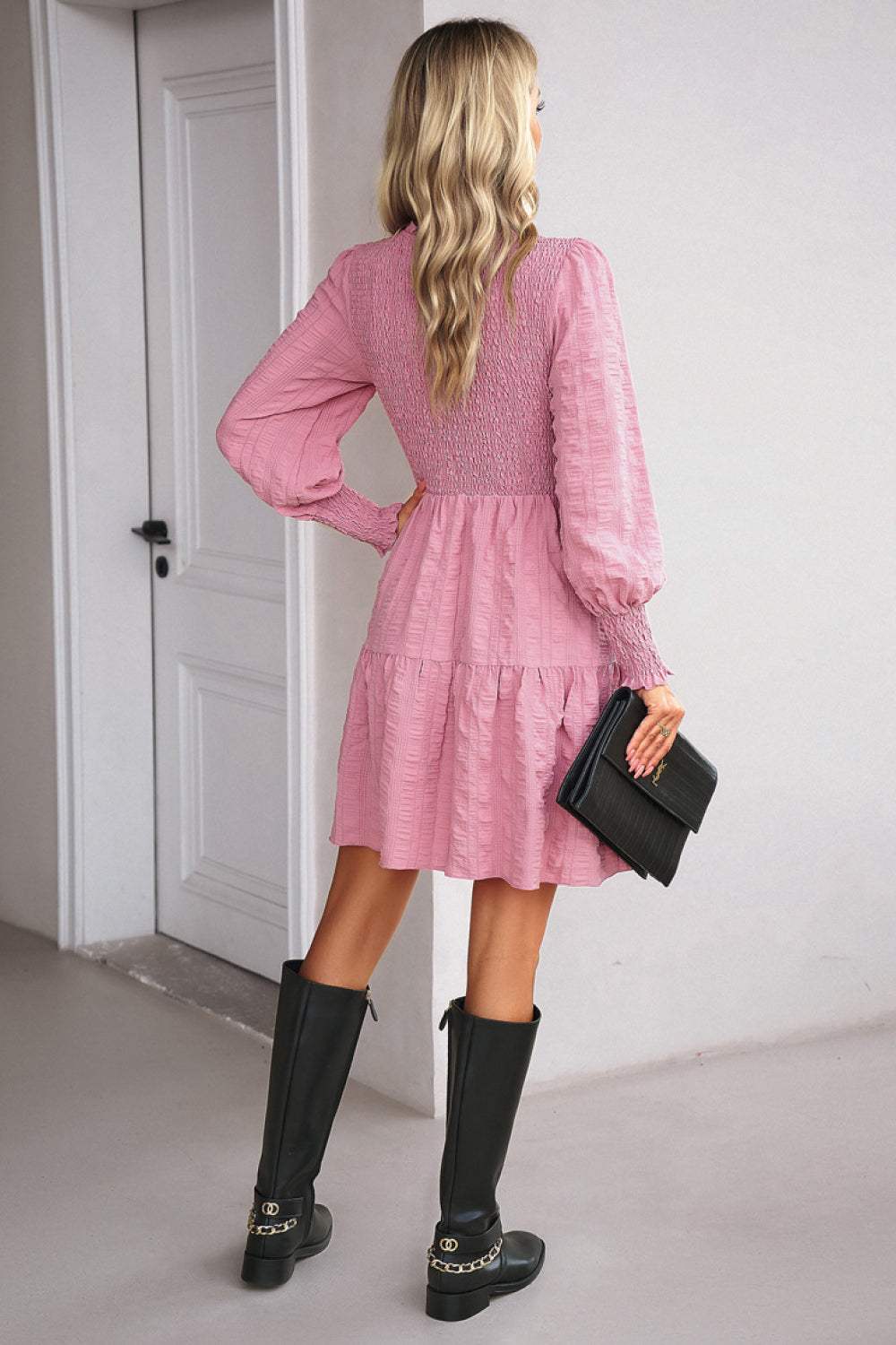 Smocked Lantern Sleeve Mini Dress Casual Dresses - Tophatter Daily Deals