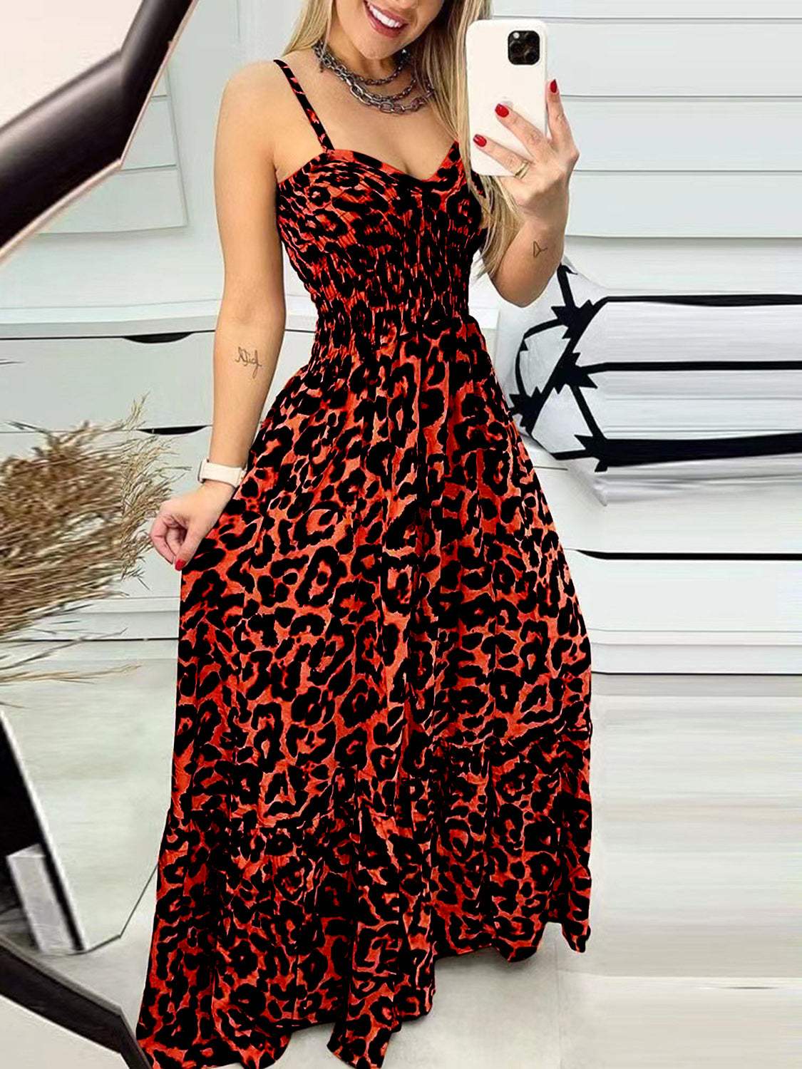 Leopard Sweetheart Neck Cami Dress Wine Casual Dresses - Tophatter Daily Deals