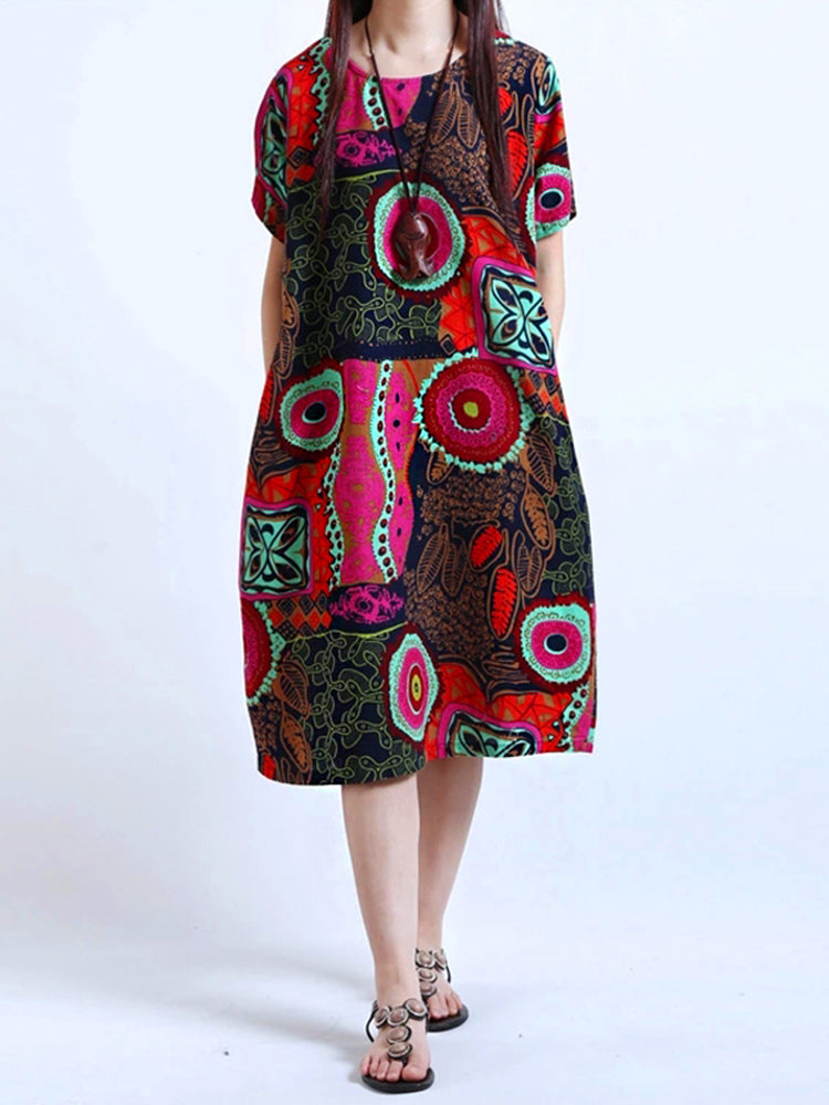 Cotton Women Pattern Printed Short Sleeve O-Neck Dresses Rose Mini Dresses - Tophatter Daily Deals