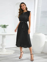 Tied Round Neck Pleated Midi Dress Casual Dresses - Tophatter Daily Deals