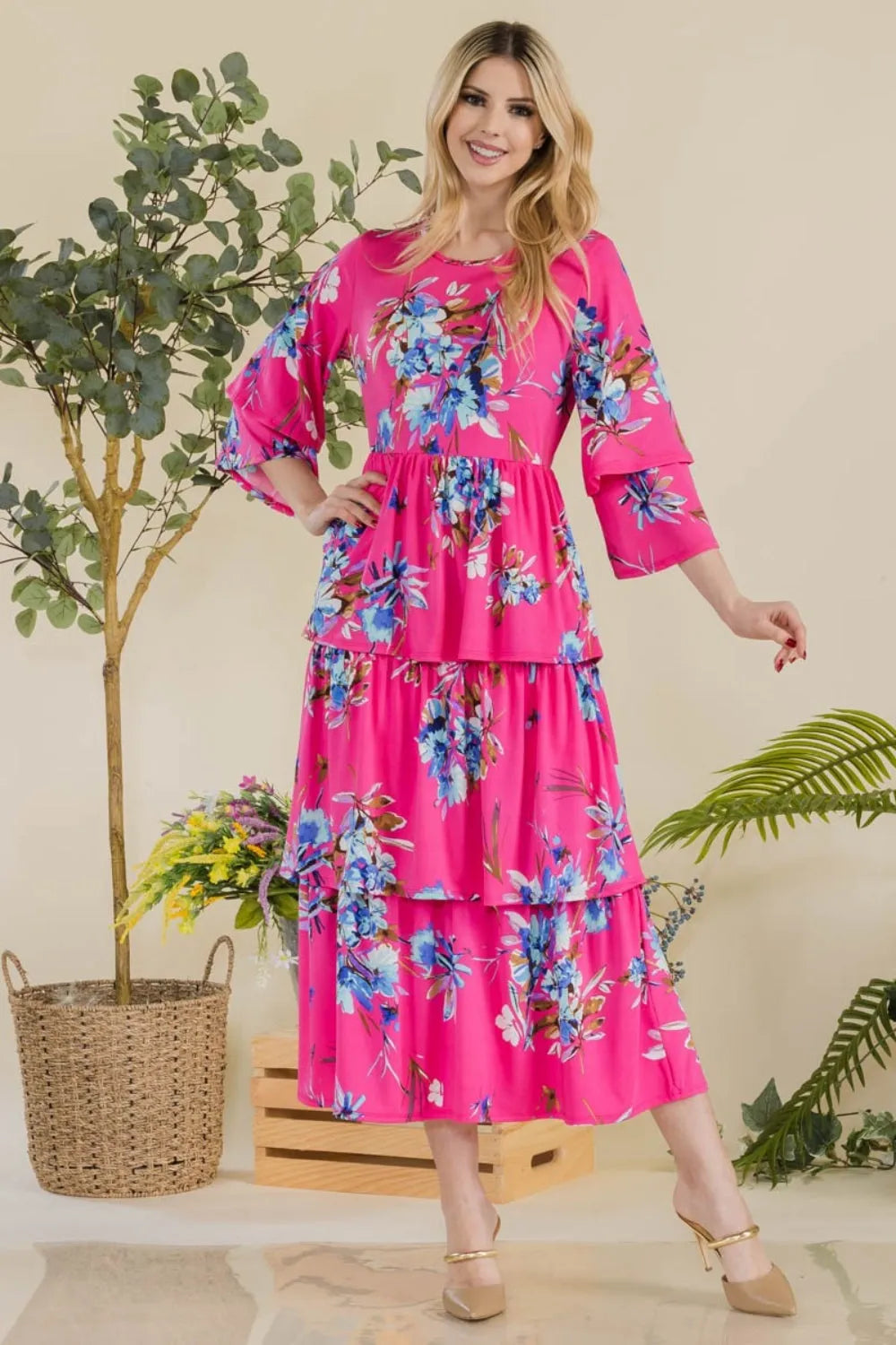 Celeste Full Size Floral Ruffle Tiered Midi Dress FUCHSIA FL Casual Dresses - Tophatter Daily Deals