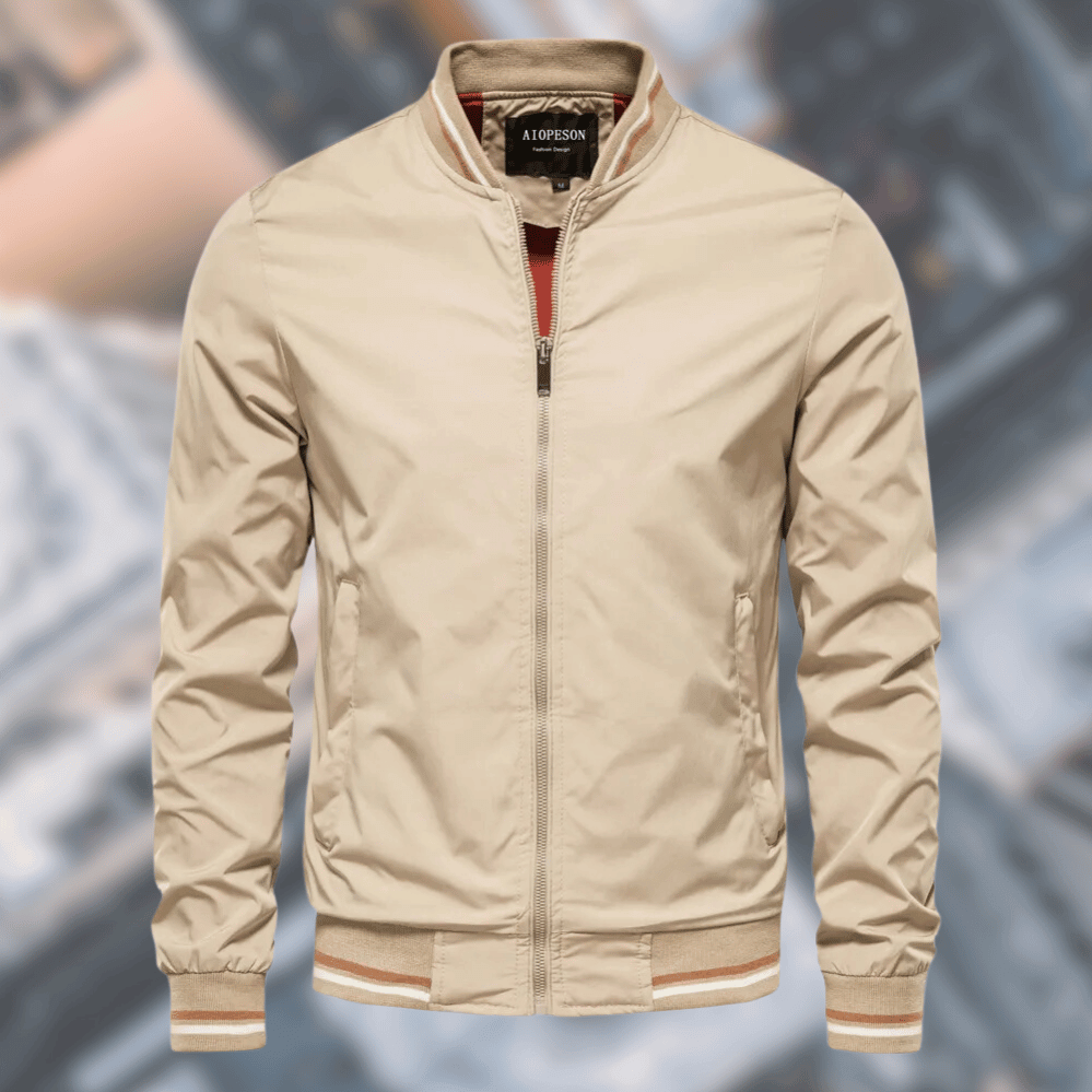 Windproof Men’s Bomber Jacket - Stand Collar, Nylon Beige - Tophatter Daily Deals