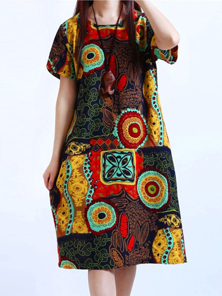 Cotton Women Pattern Printed Short Sleeve O-Neck Dresses Yellow Mini Dresses - Tophatter Daily Deals