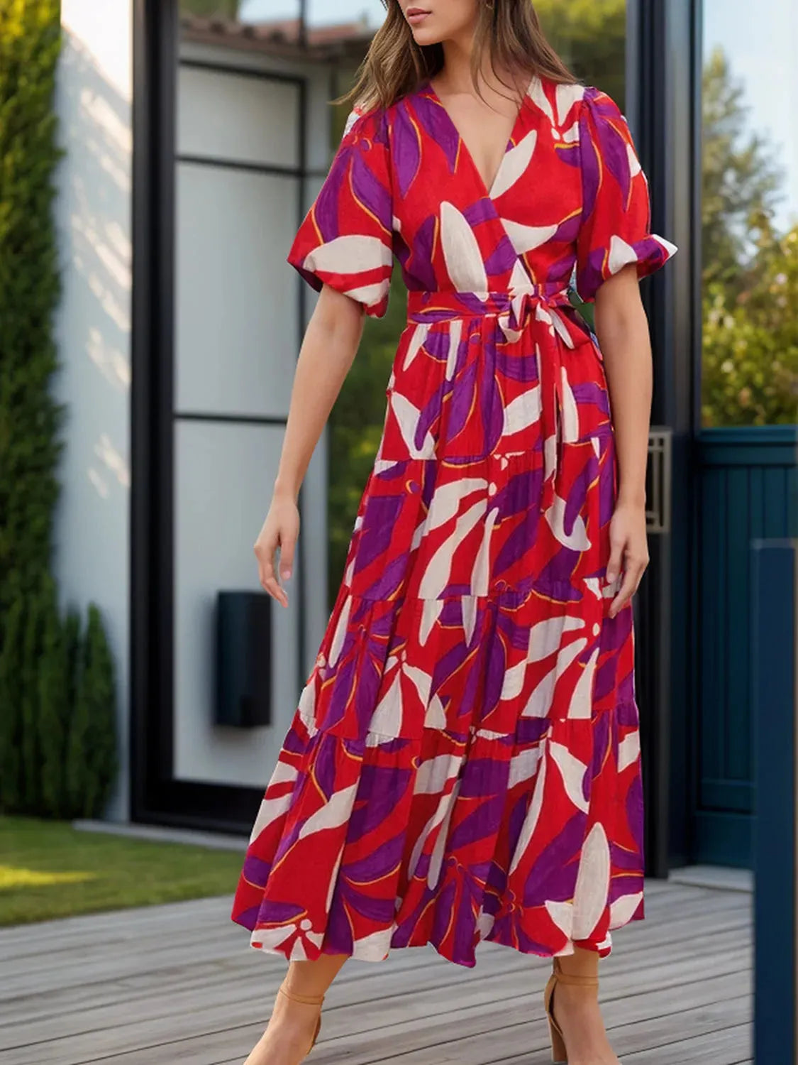 Tied Slit Printed Half Sleeve Midi Dress Deep Red Casual Dresses - Tophatter Daily Deals
