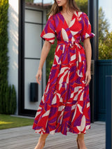 Tied Slit Printed Half Sleeve Midi Dress Deep Red Casual Dresses - Tophatter Daily Deals