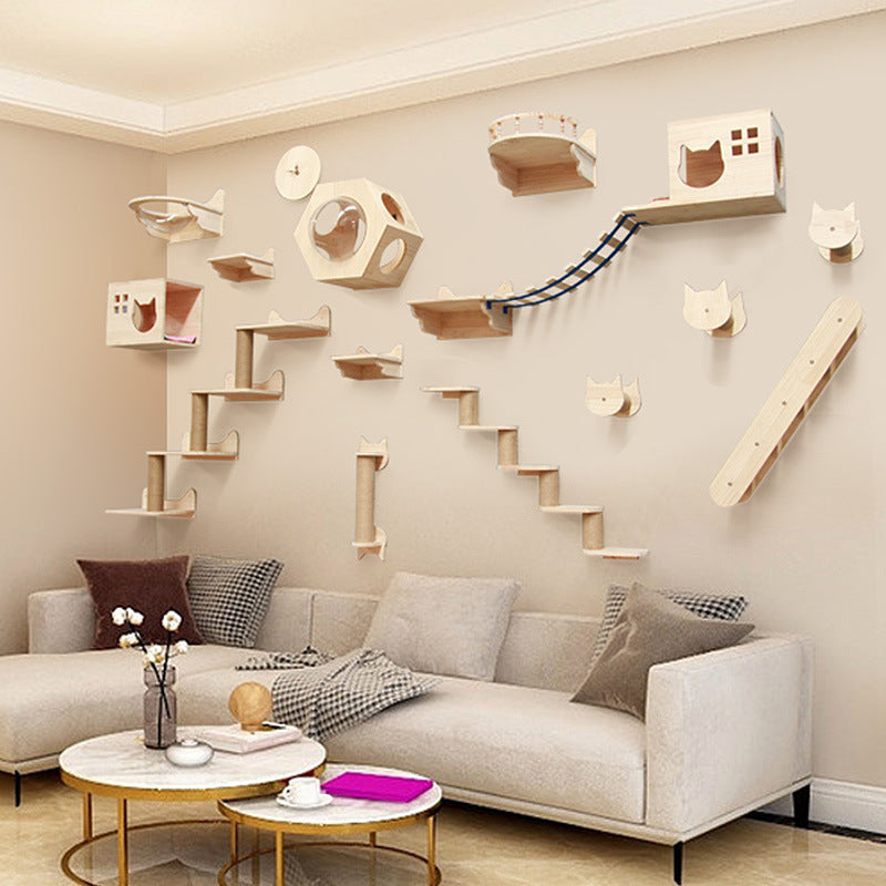 Pet Cat Climbing Frame Wall Type Solid Wood Wall Hanging Platform Ladder Pets Accessories Pet Supplies - Tophatter Daily Deals