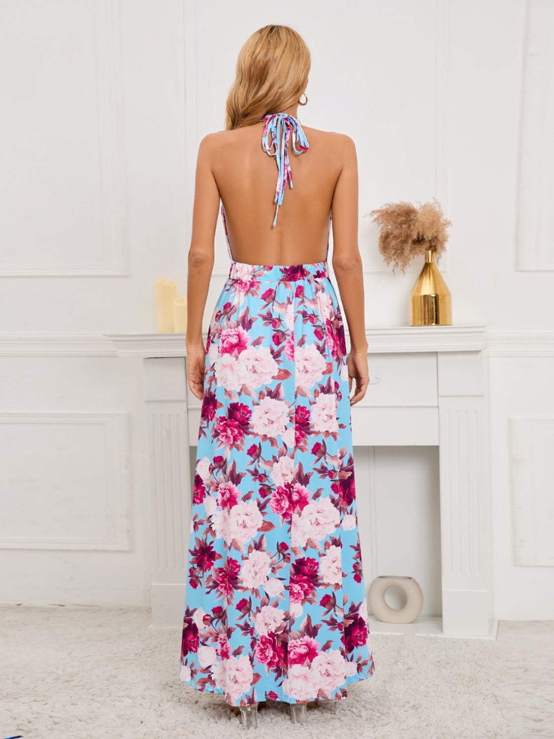 Slit Backless Printed Halter Neck Dress Casual Dresses - Tophatter Daily Deals