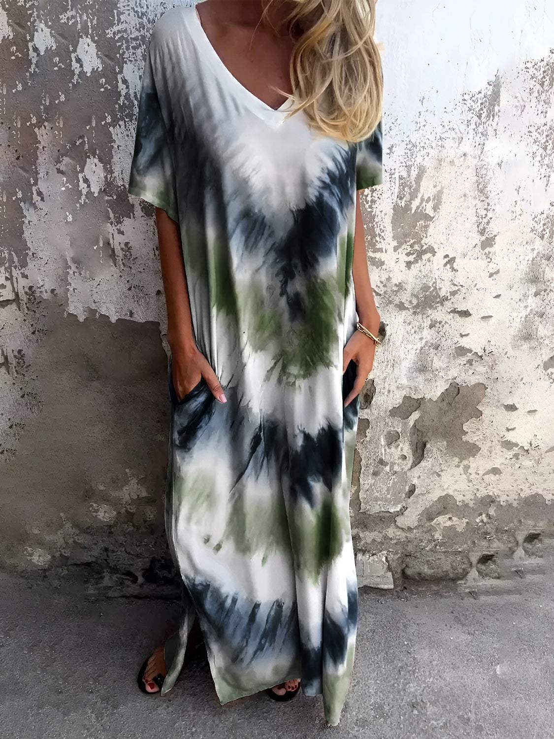 Full Size Pocketed Tie-Dye Short Sleeve Dress Moss Casual Dresses - Tophatter Daily Deals