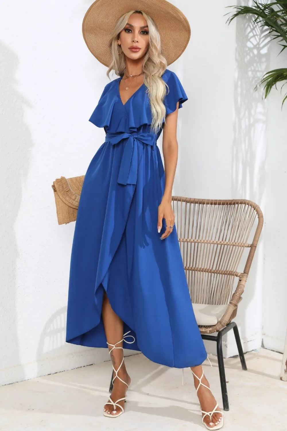 Ruffled Tied V-Neck Midi Dress Cobald Blue Casual Dresses - Tophatter Daily Deals