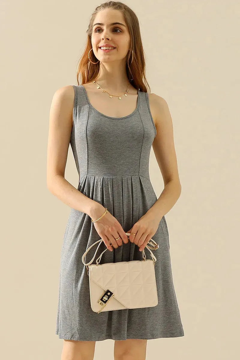 Doublju Full Size Round Neck Ruched Sleeveless Dress with Pockets H GREY Cocktail Dresses - Tophatter Daily Deals