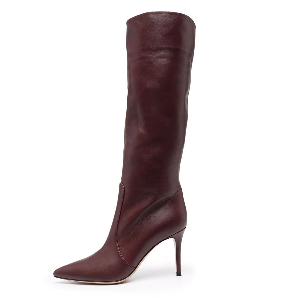 Burgundy PU Plus Size Pointed Toe Knee-length Boots Wine Red 0 - Tophatter Daily Deals