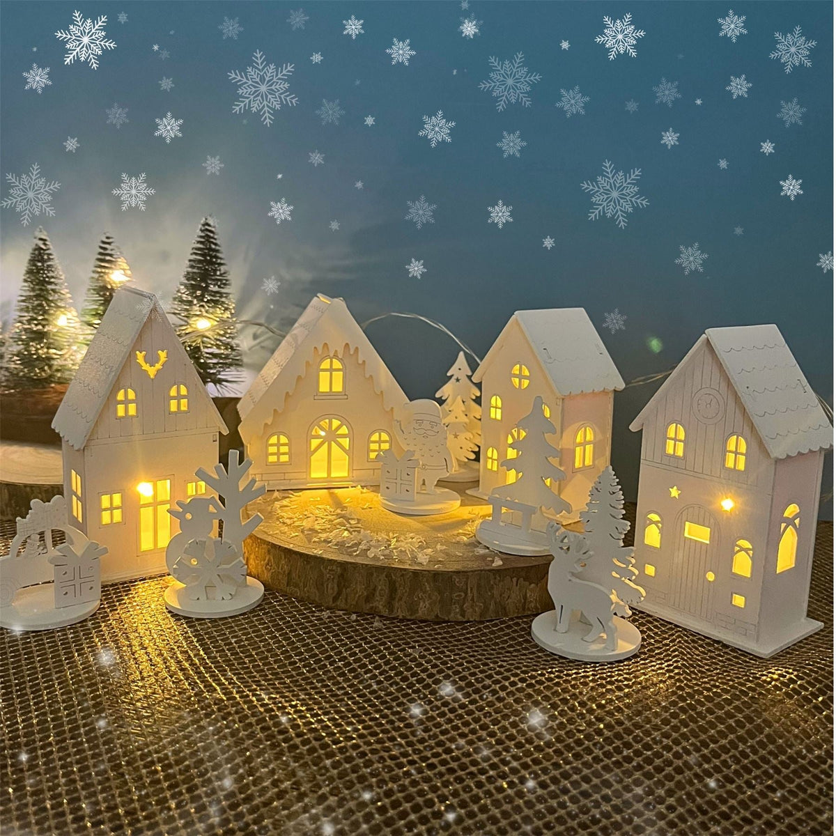 LED Christmas Village | 10-Piece Wooden Christmas Scene with 4 Light-Up Houses LED Fireplace - Tophatter Daily Deals