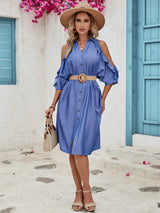 Ruffled Button Up Cold Shoulder Dress Dusty Blue Casual Dresses - Tophatter Daily Deals