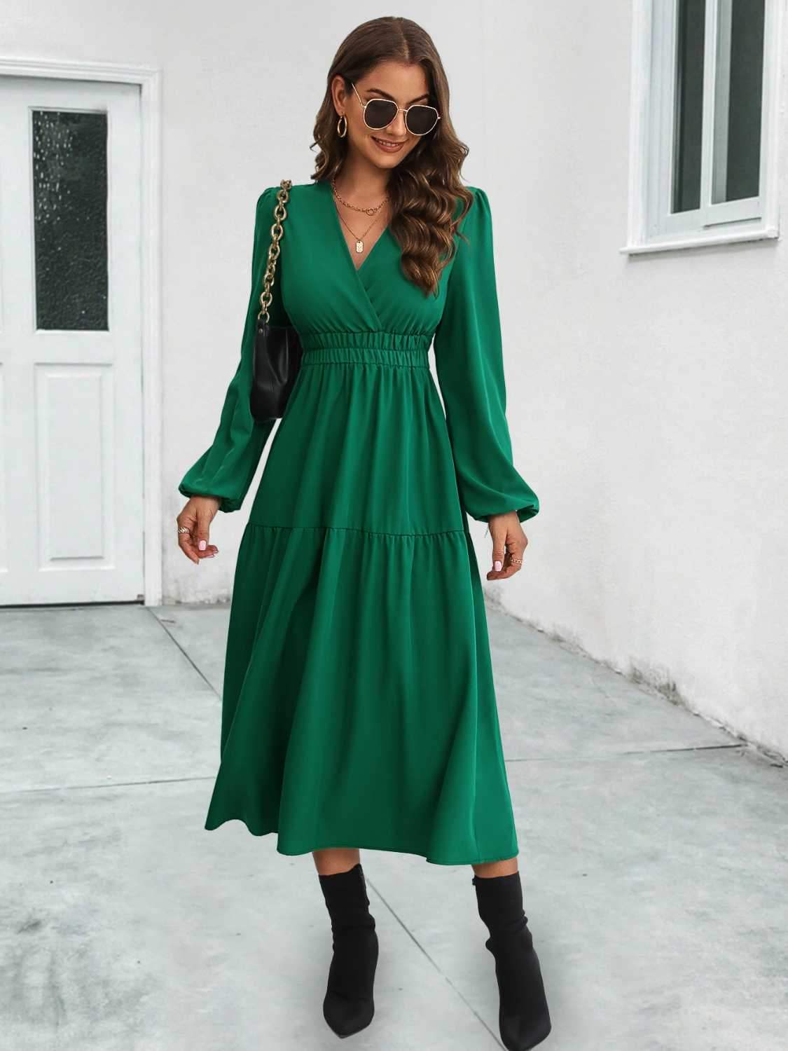 Surplice Neck Long Sleeve Midi Dress Green Casual Dresses - Tophatter Daily Deals