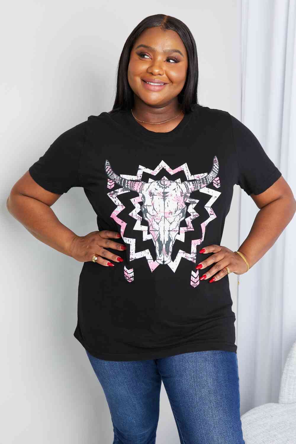 mineB Full Size Graphic Round Neck Tee Shirt Black Women's T-Shirts - Tophatter Daily Deals