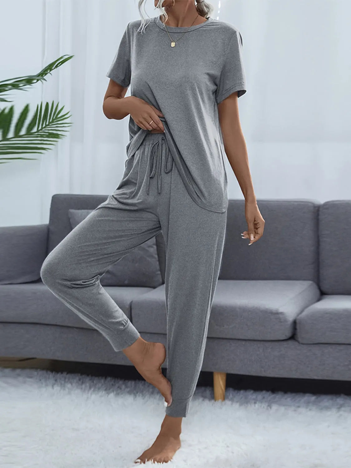 Round Neck Short Sleeve Top and Pants Set Cloudy Blue Loungewear Sets - Tophatter Daily Deals