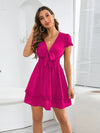 Tied V-Neck Tiered Mini Dress Hot Pink Casual Dresses - Tophatter Daily Deals