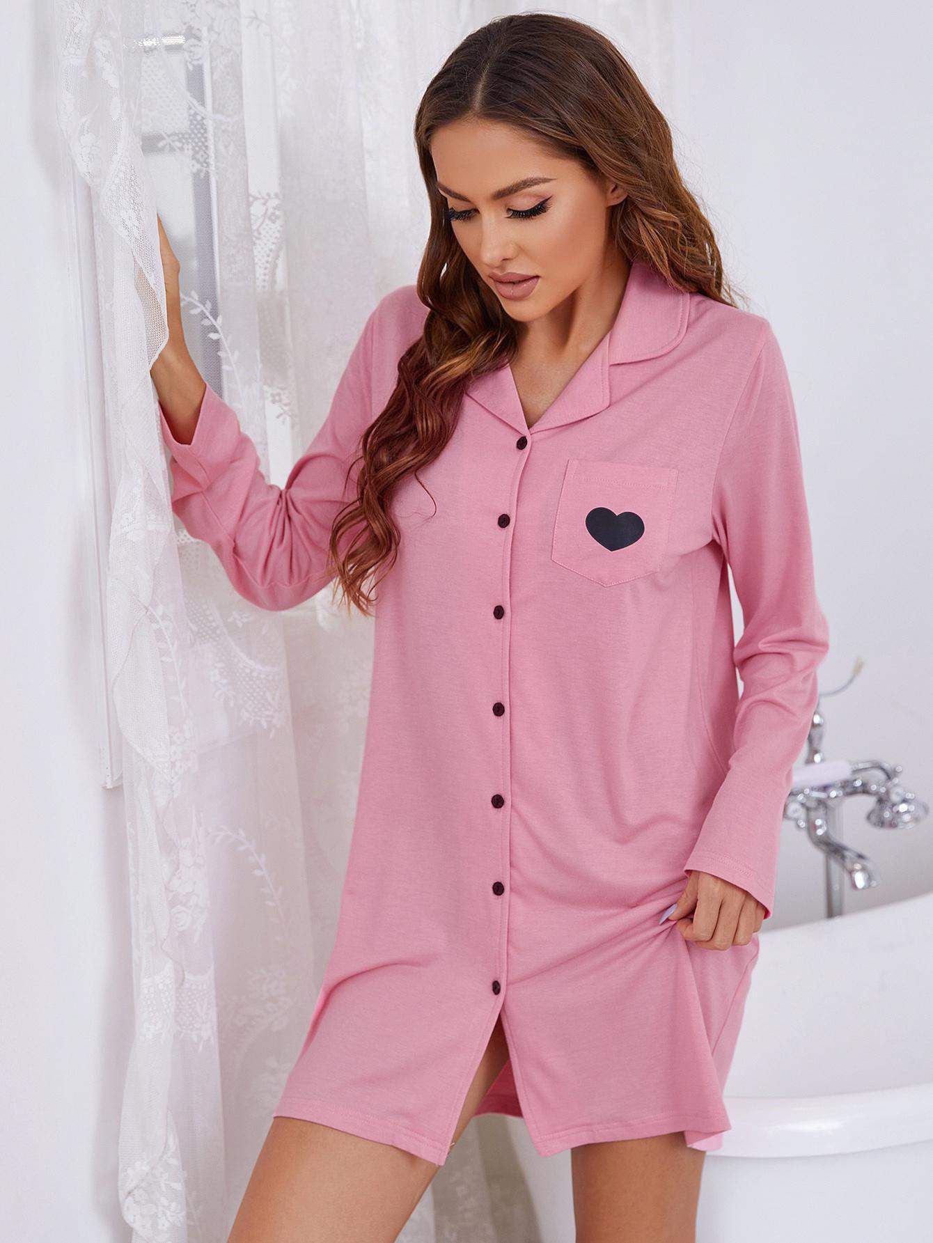 Heart Graphic Lapel Collar Long Sleeve Night Dress Sleep Dresses - Tophatter Daily Deals