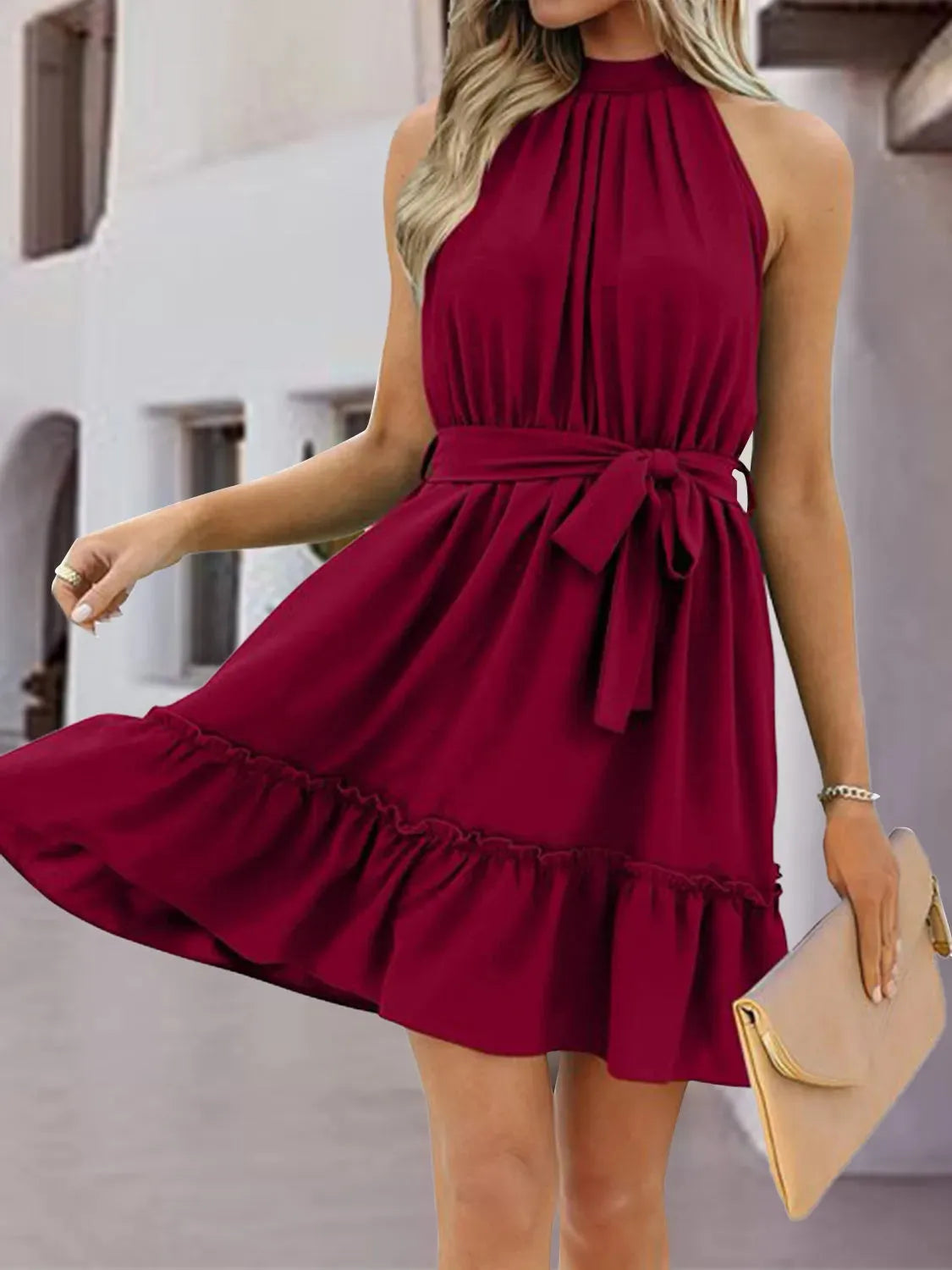 Frill Tied Mock Neck Sleeveless Dress Casual Dresses - Tophatter Daily Deals