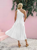 Smocked Single Shoulder Sleeveless Dress Casual Dresses - Tophatter Daily Deals