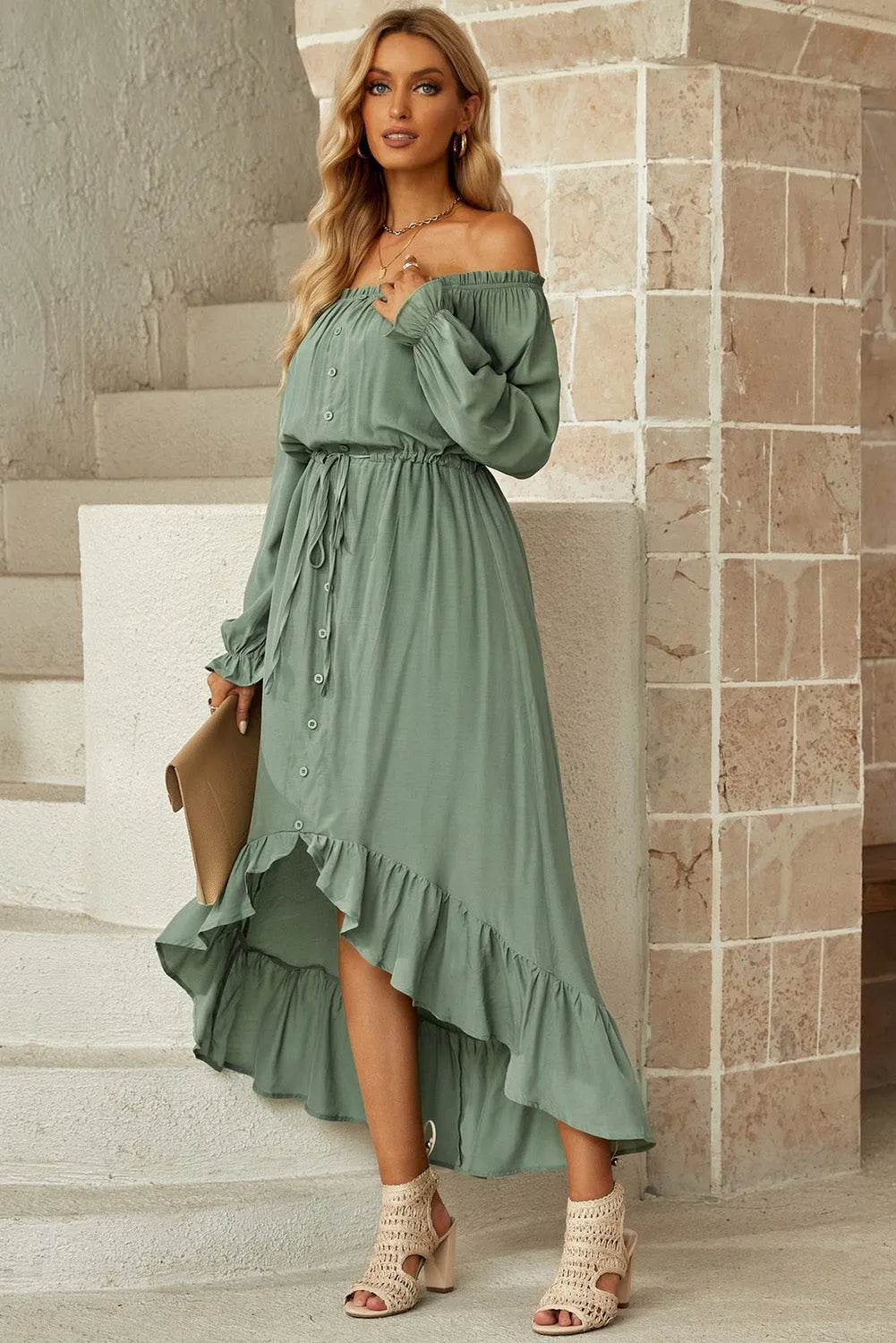 Drawstring Off-Shoulder Flounce Sleeve Dress Casual Dresses - Tophatter Daily Deals