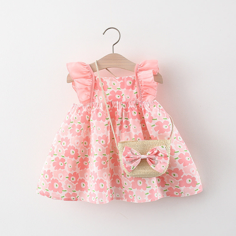 Baby Girl Flounced Sleeve Dress Free Bamboo Basket Satchel 0 - Tophatter Daily Deals