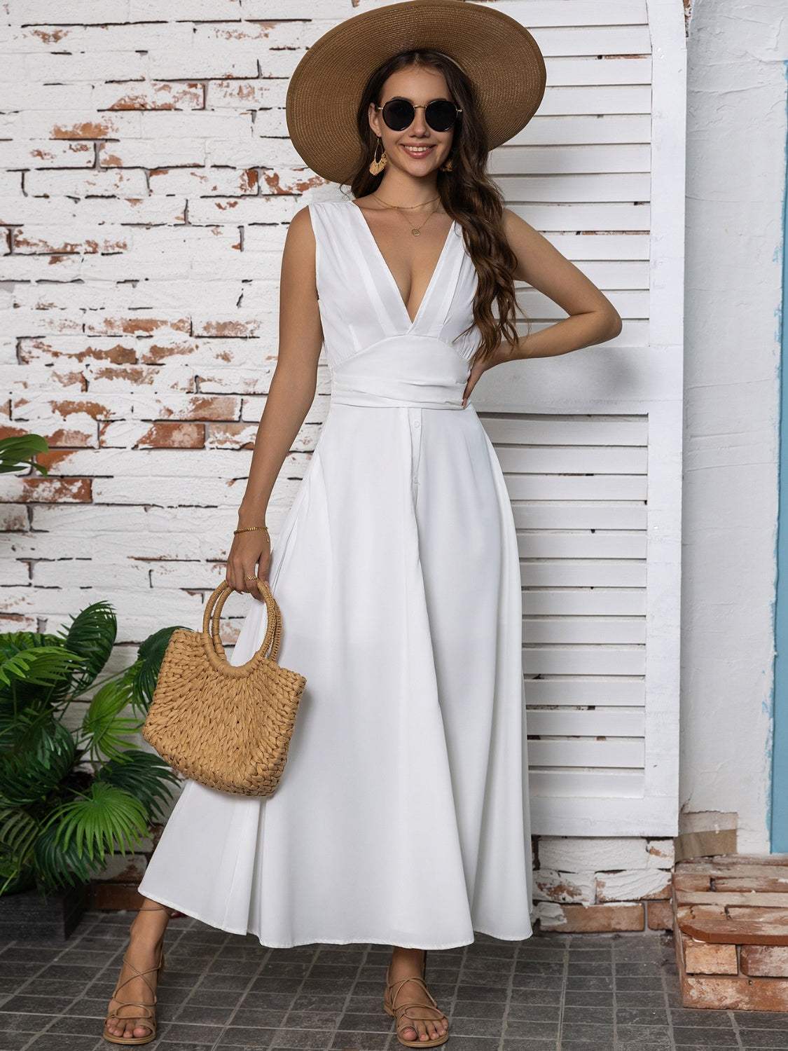 Full Size Slit V-Neck Sleeveless Midi Dress White Casual Dresses - Tophatter Daily Deals