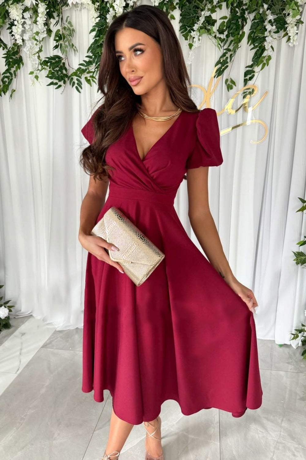 Surplice Puff Sleeve Midi Dress Burgundy Casual Dresses - Tophatter Daily Deals