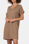 Zenana Rolled Short Sleeve V-Neck Dress MOCHA Casual Dresses - Tophatter Daily Deals