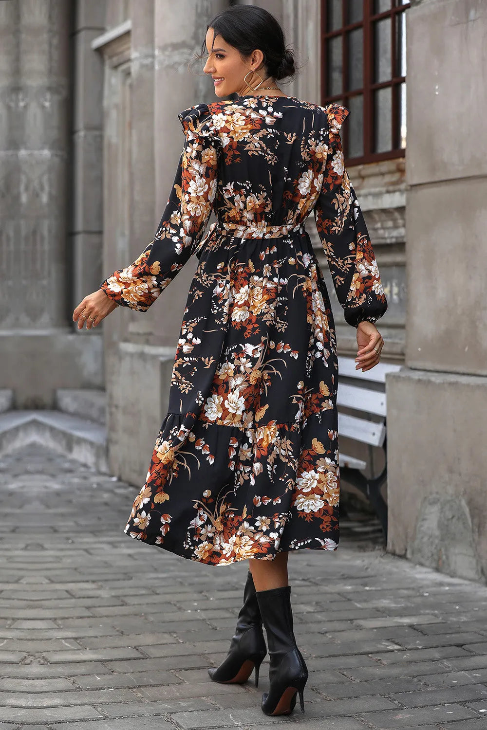 Floral Surplice Tie Front Ruffle Hem Midi Dress Casual Dresses - Tophatter Daily Deals