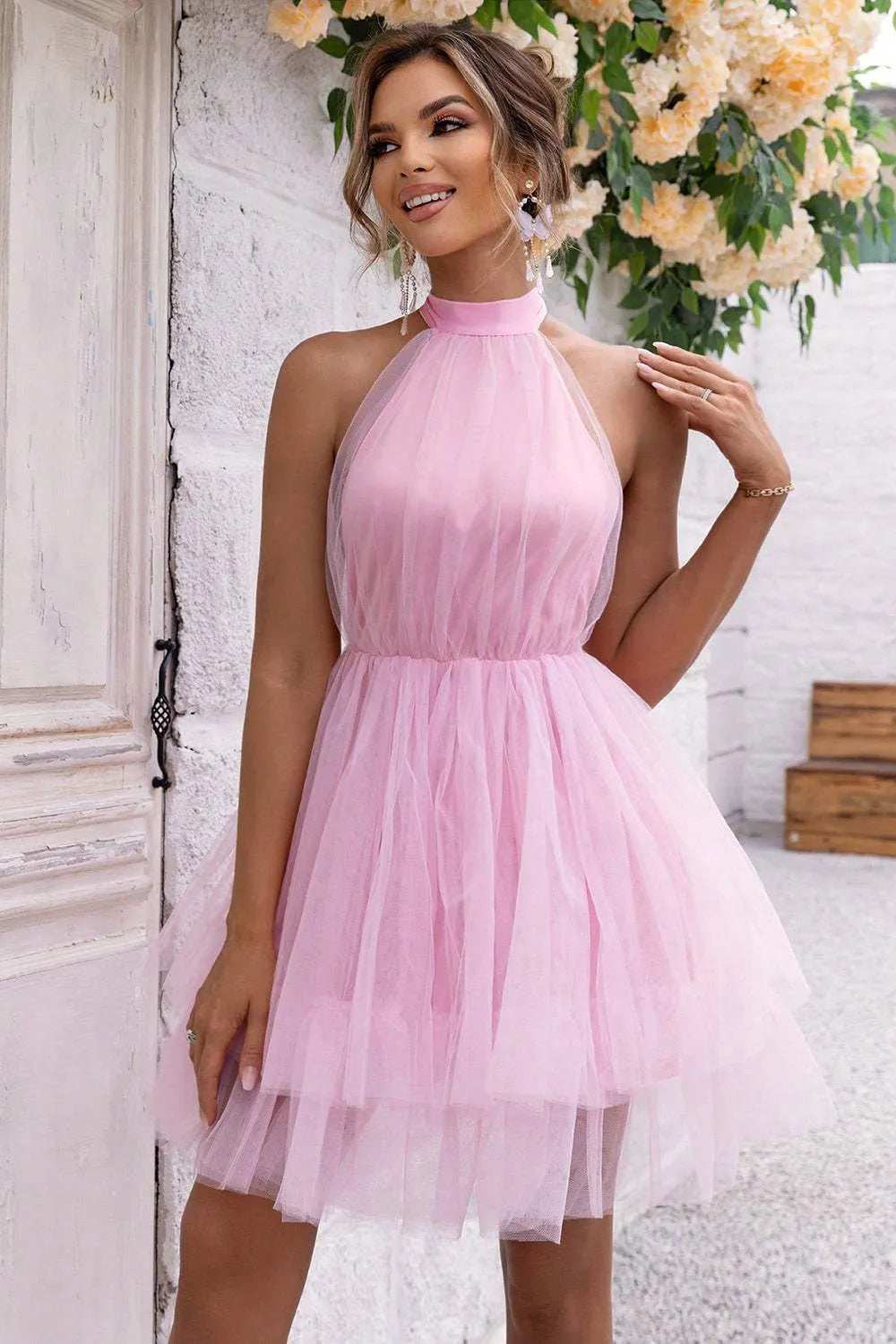 Halter Neck Backless Mesh Dress Cocktail Dresses - Tophatter Daily Deals