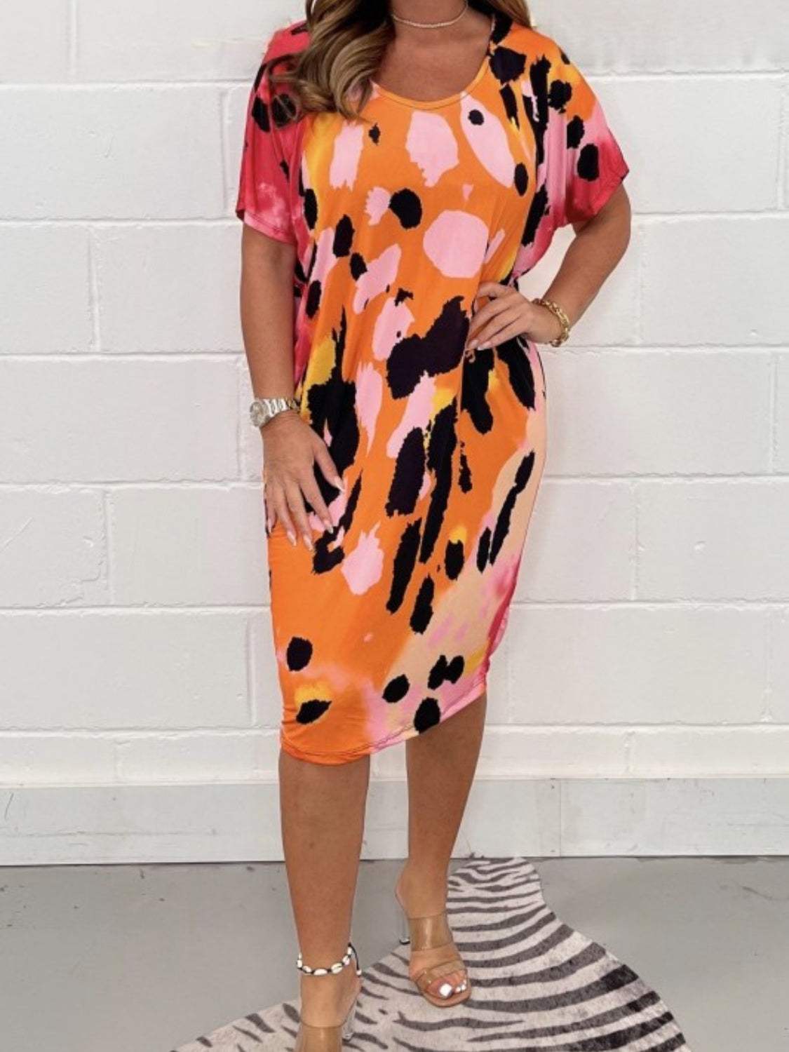 Printed Round Neck Short Sleeve Dress Tangerine Casual Dresses - Tophatter Daily Deals