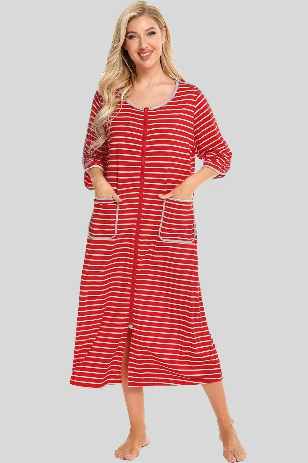 Round Neck Three-Quarter Sleeve Midi Night Dress Deep Red Sleep Dresses - Tophatter Daily Deals