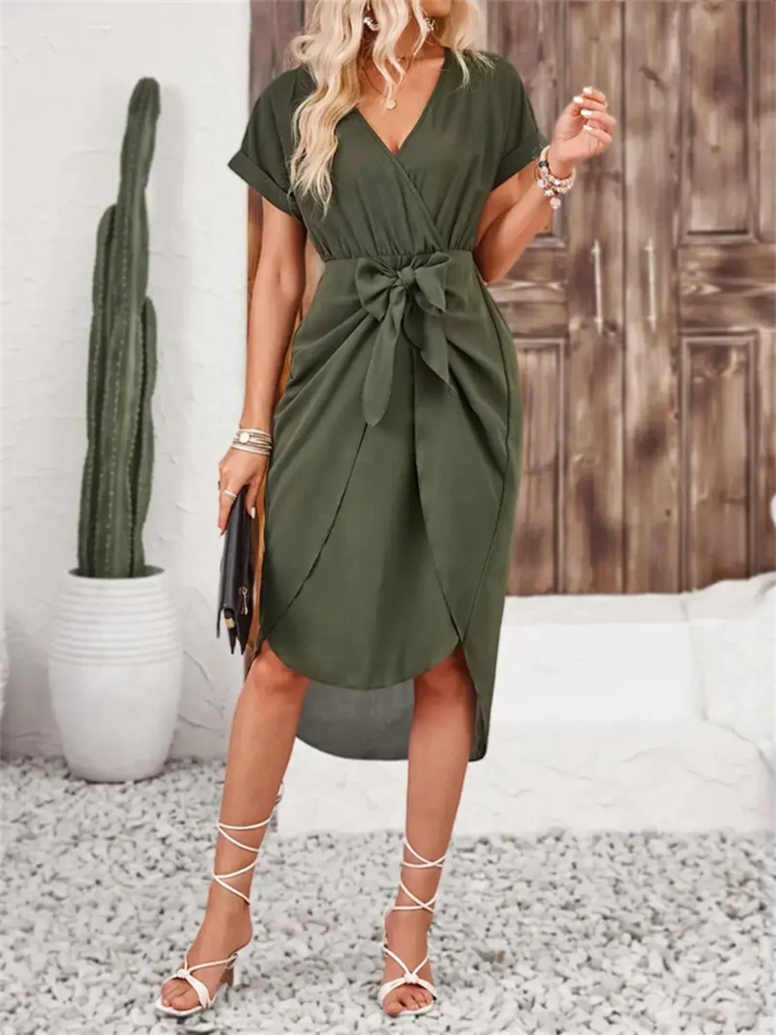 Tied Surplice Short Sleeve Dress Army Green Casual Dresses - Tophatter Daily Deals