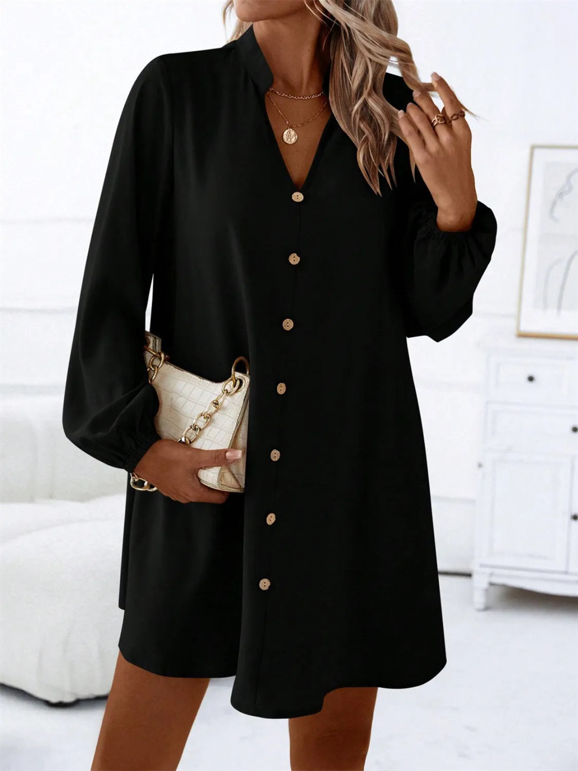 Notched Long Sleeve Mini Dress Casual Dresses - Tophatter Daily Deals