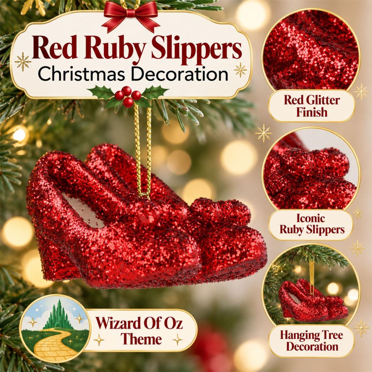Ruby Slippers Christmas Tree Decoration, Gisela Graham Red Glitter Ornament 7cm Baubles - Tophatter Daily Deals