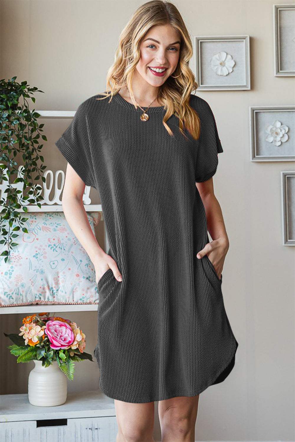 Heimish Full Size Ribbed Round Neck Short Sleeve Tee Dress Casual Dresses - Tophatter Daily Deals