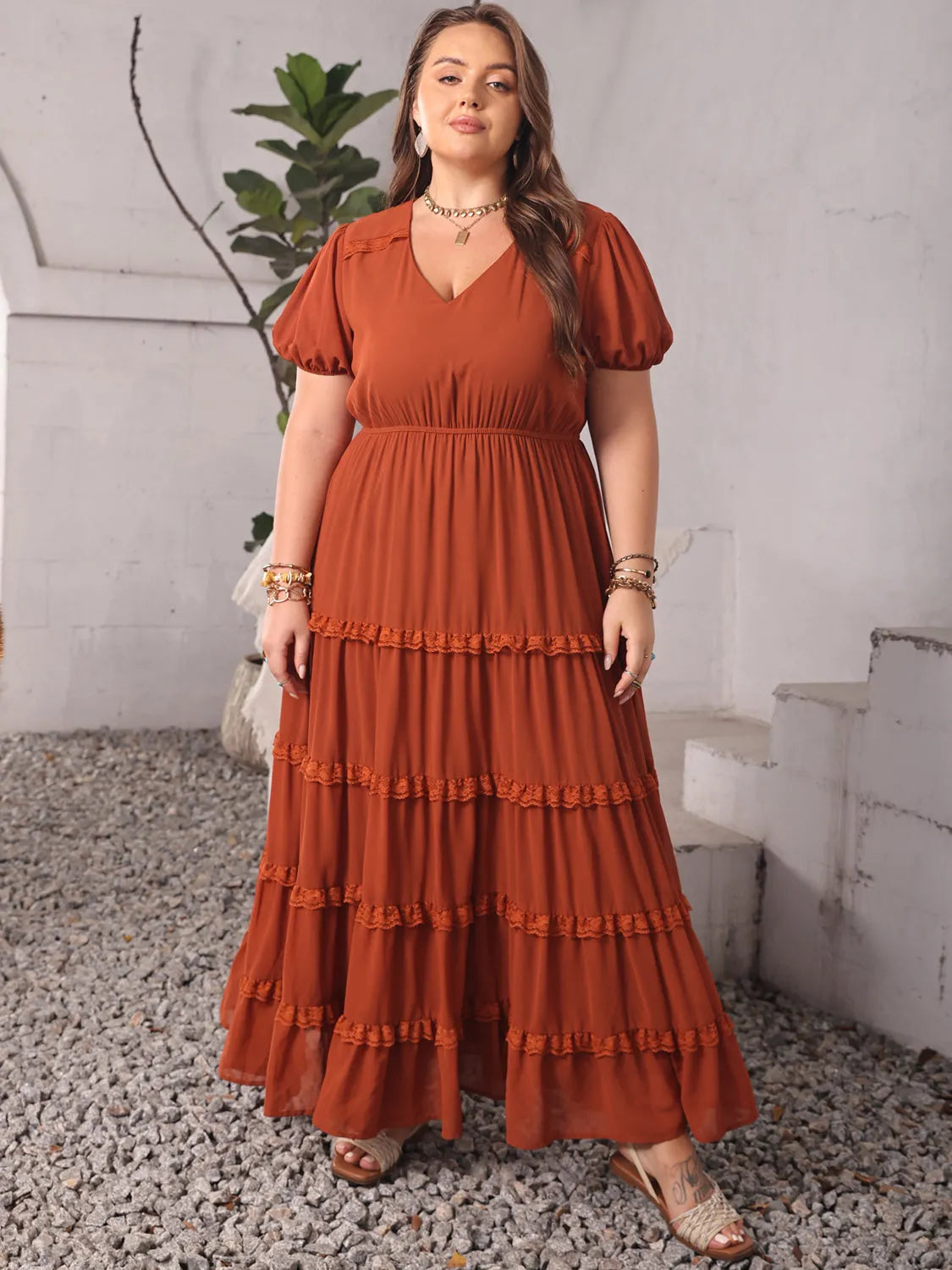 Plus Size Ruched Lace Detail V-Neck Short Sleeve Dress Rust Casual Dresses - Tophatter Daily Deals