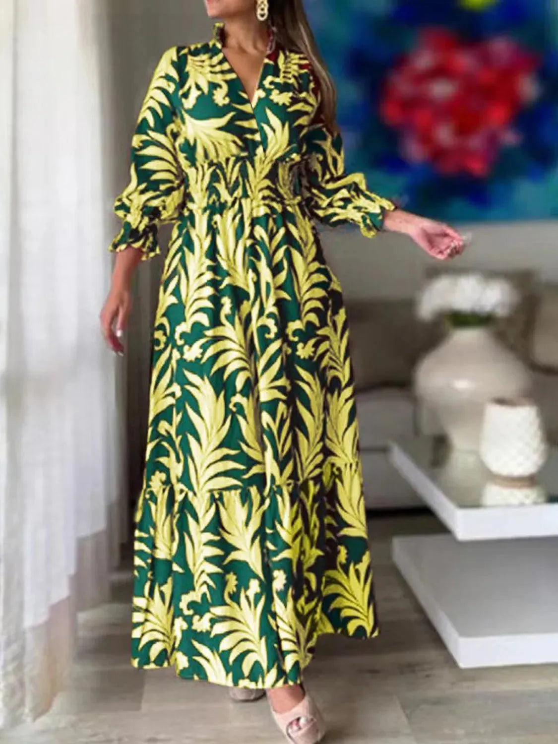 Printed Flounce Sleeve Maxi Dress Green Casual Dresses - Tophatter Daily Deals