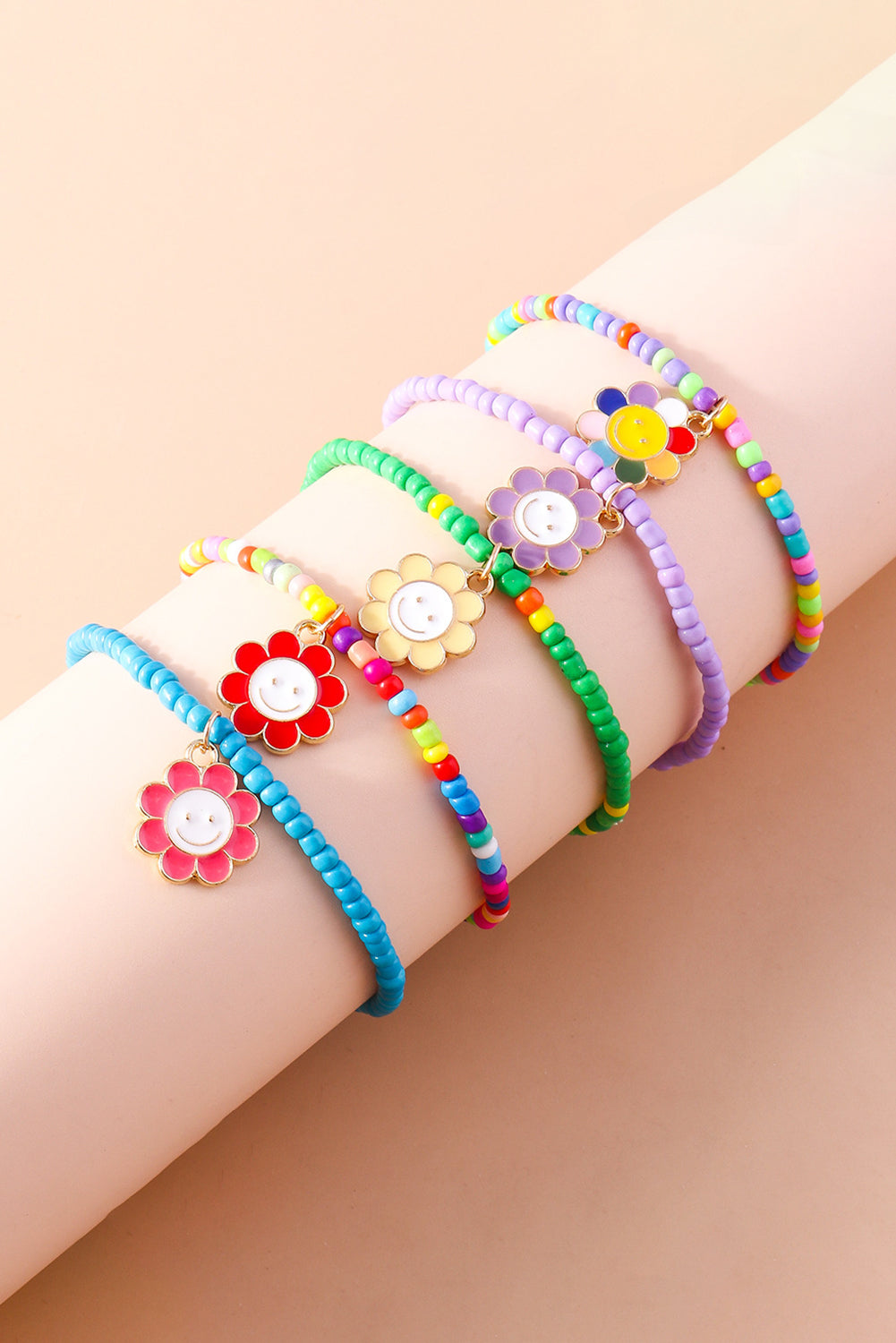 Light Blue 5pcs Smiley Flower Pendant Beaded Bracelet Set Bracelets - Tophatter Daily Deals