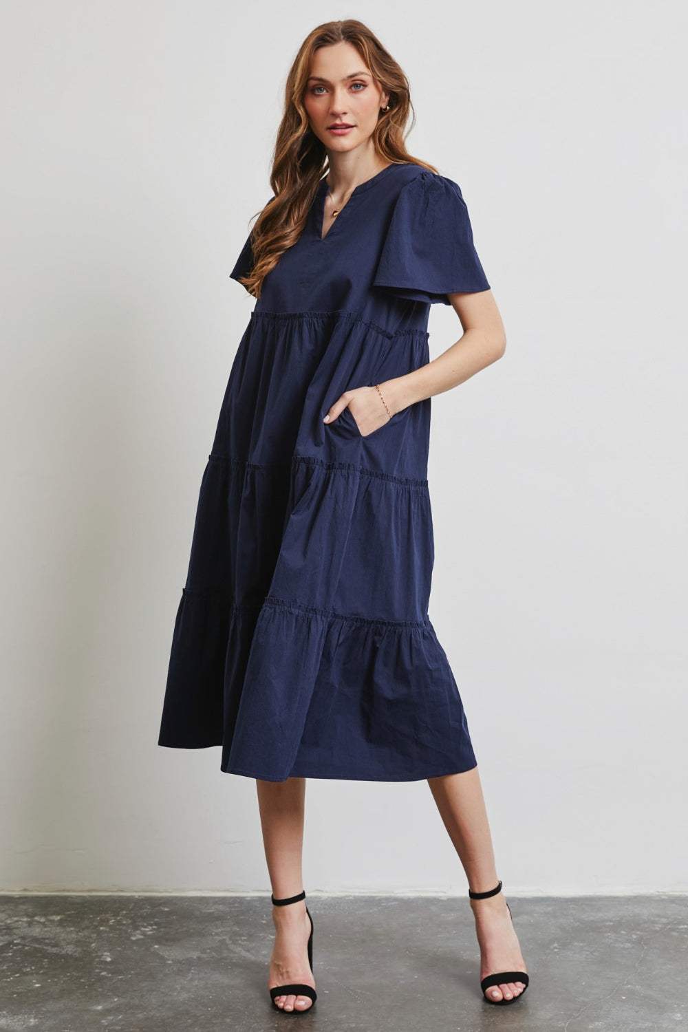 HEYSON Full Size Cotton Poplin Ruffled Tiered Midi Dress Navy Casual Dresses - Tophatter Daily Deals